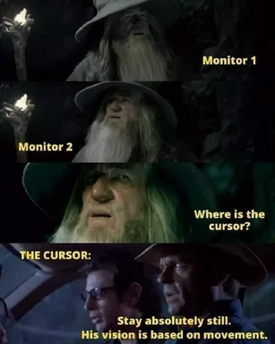 Gandalf looking around at Monitor 1 and Monitor 2 asking 'Where is the cursor?' followed by a scene of two men saying 'Stay absolutely still. His vision is based on movement.'