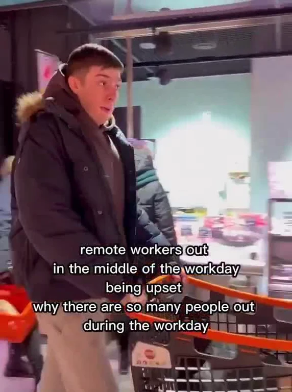 Man in a shopping cart looking surprised or upset with text about remote workers
