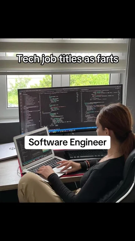 humorous image of a developer with multiple screens and a laptop, labeled 'Software Engineer' with a caption 'Tech job titles as farts'