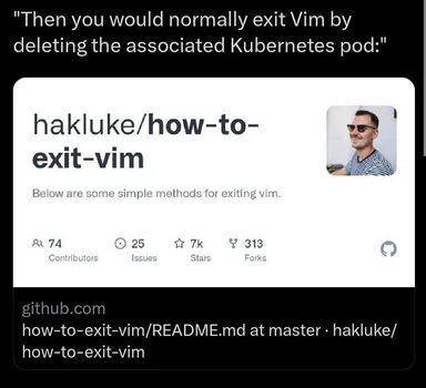 humorous github repository page for exiting vim with kubernetes pod twist