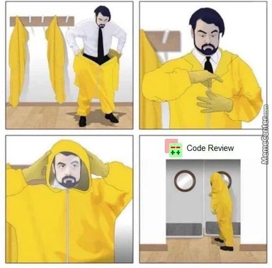 Cartoon man in yellow hazmat suit with four panel code review meme