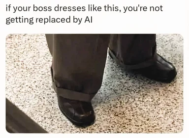 a close-up of a person's legs and feet wearing old-fashioned pants and shoes with a caption about AI replacing jobs