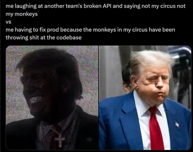 Two images side by side. On the left, a man laughing with a diamond-encrusted grill. On the right, Donald Trump looking displeased.