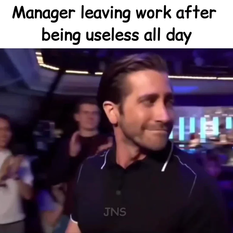 Man with slicked-back hair smirking while walking through a crowd, captioned 'Manager leaving work after being useless all day'
