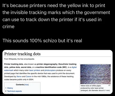 meme about printer tracking dots and government surveillance