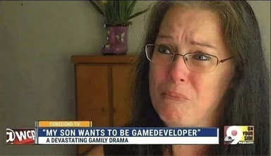 a woman with a shocked expression on a news program about a son wanting to be a game developer