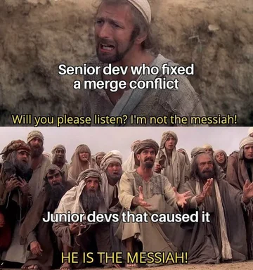 Senior dev fixes merge conflict, junior devs hail him as messiah