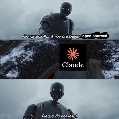 Star Wars droid robot character with text overlay about open sourcing Claude AI