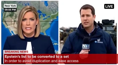 Breaking news meme with news anchors and Epstein's list to be converted to a set