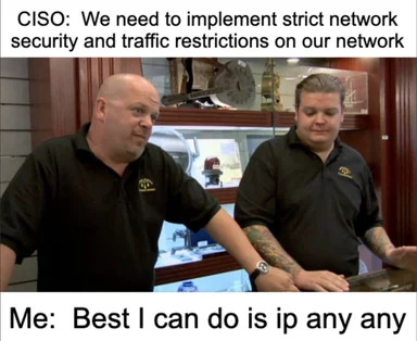 Two men in black polo shirts looking at each other, with text about network security restrictions