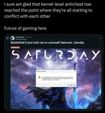 Screenshot of a Reddit post about Battlefield 6 security violation requiring Valorant uninstall