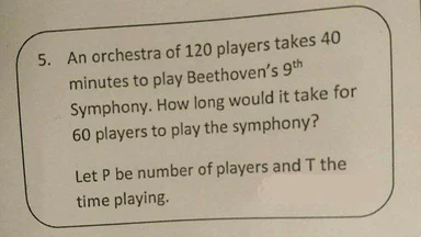 Text of a math problem asking how long 60 players take to play Beethoven's 9th Symphony