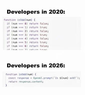 Comparison meme showing a long if/else chain for an isOdd function labeled 'Developers in 2020' versus a single