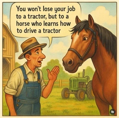 A cartoon farmer talking to a horse with a tractor in the background, discussing job security and AI.
