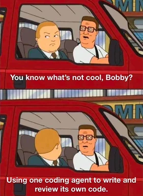 Three-panel King of the Hill-style meme in a red van: a man in glasses tells a scowling man in a suit, 'You know what's not
