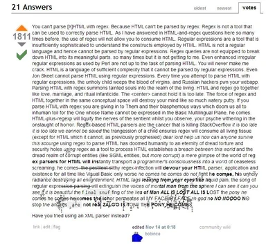 Stack Overflow answer about parsing HTML with regex