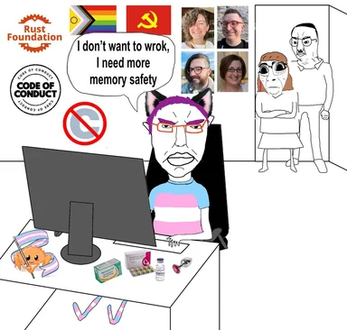 Cartoon of a person with purple hair and glasses sitting at a desk with a computer, surrounded by various items, with a speech bubble saying 'I don't want to wrok, I need more memory safety'