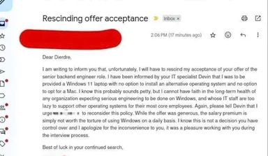 Rescinding job offer due to Windows-only policy