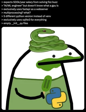 A cartoon snake on a man's head with a Python logo on his shirt
