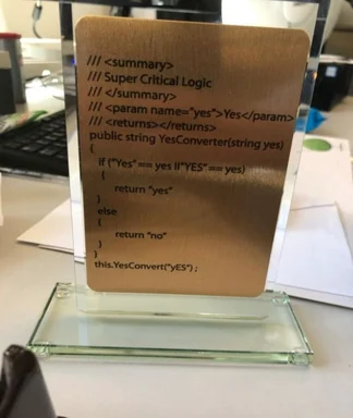 A glass plaque on a desk with a humorous code snippet about a 'YesConverter' function.