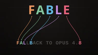 Colorful text diagram showing the word FABLE with arrows pointing to the phrase FALLBACK TO OPUS 4.8