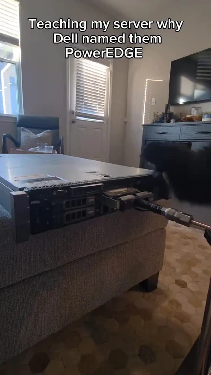 a server on a coffee table with a drill