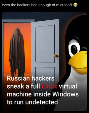 Tux peeking through door at ghost in sheet labeled Russian hackers sneak a full Linux virtual machine inside Windows to run undetected