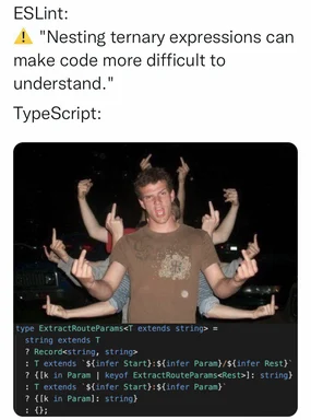 man flipping off with ESLint and TypeScript code in background