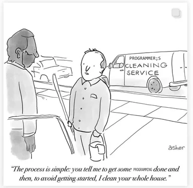 cartoon of a man talking to a cleaner with a van in the background