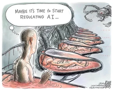 Cartoon of a man in a bath with electrodes on his head looking at a robotic assembly line with human-like figures, with a spider-like robot in the background and a thought bubble saying 'Maybe it's time to start regulating AI...'