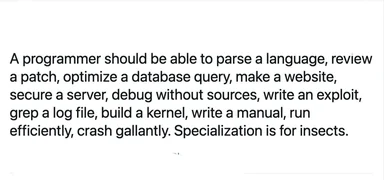 White background text meme listing tasks a programmer should be able to do, ending with the line 'Specialization is for