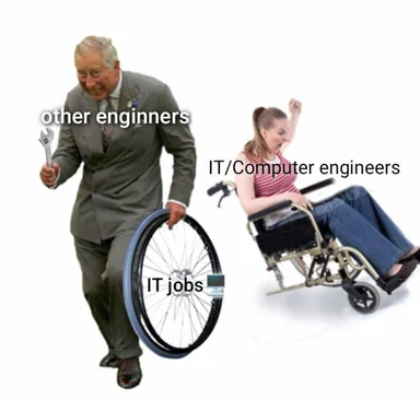 King Charles meme comparing IT jobs to a bicycle wheel, other engineers to a suited man holding a wrench and wheel, and IT/computer engineers to a woman in a wheelchair