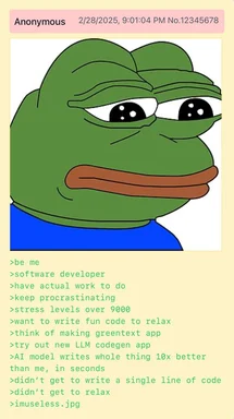 Pepe the Frog with a stressed expression, representing a software developer's frustration with AI code generation