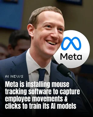 Mark Zuckerberg smiling with Meta logo and text about AI training