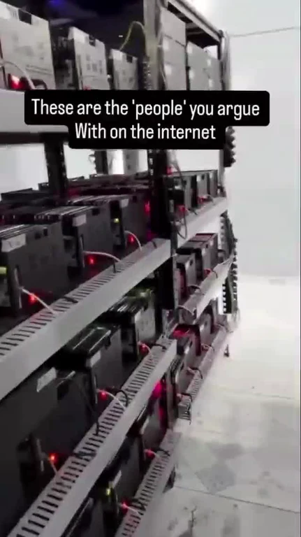 Server machines with red lights and caption 'These are the 'people' you argue With on the internet'