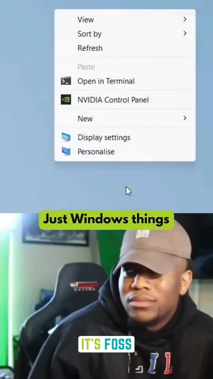 Man in a brown cap looking at a Windows context menu with a 'Just Windows things' caption