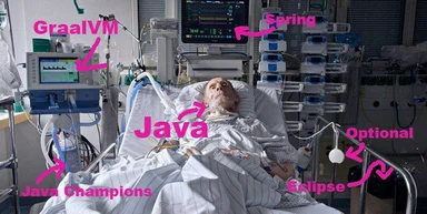 a man in a hospital bed with tubes labeled with Java and Spring