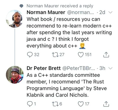 A developer seeks C++ advice on social media