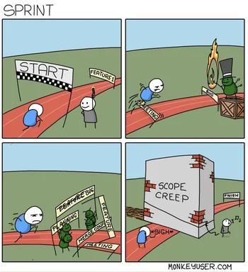 cartoon developer struggles with sprint planning and scope creep