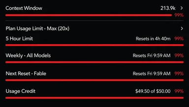 Screenshot of Claude usage limits showing red progress bars at 99% for context window, plan usage, time limits, and credits.
