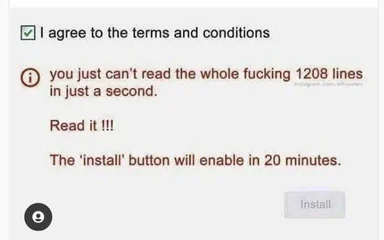 A meme about agreeing to terms and conditions with a humorous warning about reading a 1208-line agreement.