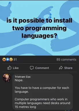 programmer workspace joke about multiple programming languages
