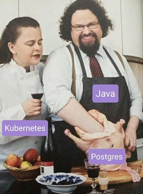 Man and woman in chef attire preparing a chicken with labels Java, Postgres, and Kubernetes