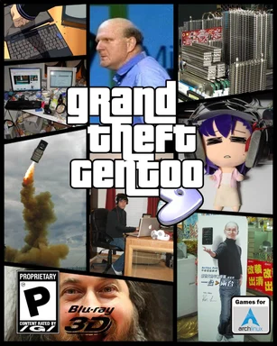 Collage of various images with 'Grand Theft Gentoo' text overlay
