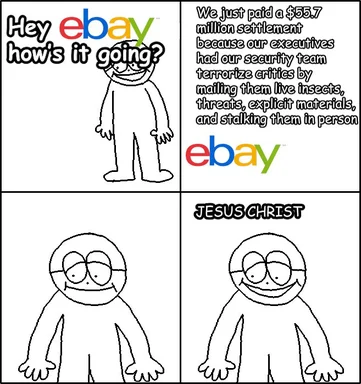 A 4-panel comic strip showing a character asking eBay how it is going, and eBay responding with a shocking confession about a $55.7 million settlement for terrorizing critics.