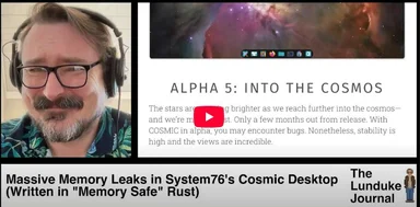 Man in headphones with a concerned expression next to a video thumbnail about Cosmic desktop alpha release