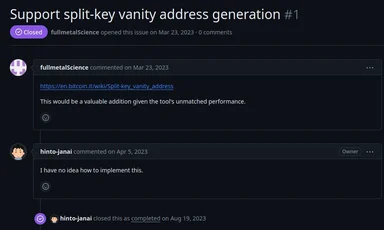 Support split-key vanity address generation issue on GitHub