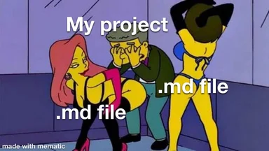 Cartoon man labeled 'My project' covering his eyes in distress while two dancing women labeled '.md file' surround him