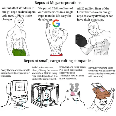 meme comparing large and small company approaches to organizing git repositories