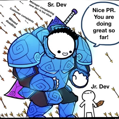 Sr. Dev in blue armor with arrows and a sword, talking to Jr. Dev